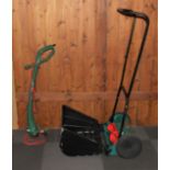 A Bosch manual rotary lawn mower, model number AHM 38G, together with a Qualcast electric