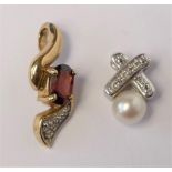 A 9ct white gold pearl and diamond pendant and a 9ct gold garnet and diamond pendant, 2.1gm