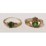 A 9ct gold and green stone Claddagh ring, M and a 9ct gold emerald and diamond ring, N 3.1gm