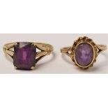 A 9ct gold single stone amethyst ring, claw set with a rectangular stone, ?, 2.9gm and a similar