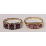 A 9ct gold three stone ruby ring with brilliant cut diamonds between, M and a 9ct gold Edwardian