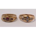 An Edwardian 9ct rose gold, rose diamond and sapphire ring, date letter worn, O, a Victorian 9ct