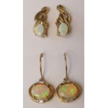 Two pairs of opal and diamond ear rings, 4.4gm