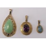 A 9ct gold and jade (untested) pendant, a 9ct gold opal triplet pendant and a another pendant, 8.