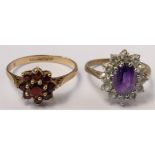 A 9ct gold garnet cluster ring, P, and an amethyst and paste cluster ring, K 1/2, 4.2gm.