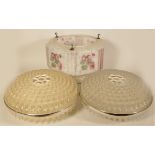 A pair of 1960's/70's clear plastic ceiling light shades and a Mid Century hanging glass ceiling