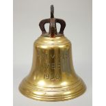 A brass ship's bell, height 34cm, lacking clanger, stamped broad arrow, HMMMS, 1788, 1950. H.M.M.M.