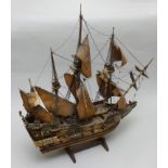 A static model of an Elizabethan galleon, 56cm.