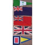 A vintage Red Ensign, 100 x 200cm, a Blue Ensign, 85 x 180cm, a Union Flag, 125 x 265 and three