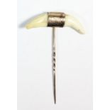 A Victorian gold mounted double tiger's tooth stickpin, case