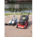 A Champion petrol driven lawnmower together with a MacCallister cordless mower.