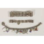 A silver charm bracelet and two silver gate link bracelets, 64gm