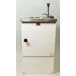 A Teal upright hand wash unit, made of pressed steal, with hinged front, ex motorhome/yacht/