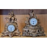 A French gold painted spelter mantle clock with mounted knight in armor surmount, 32cm and another