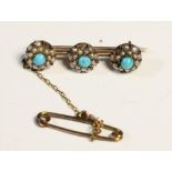 A Victorian gold turquoise and half pearl triple cluster brooch, 5 settings vacant, 3gm