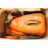 A boxed Flymo Micro Compact 30, together with other gardening tools including a Gtech CM01