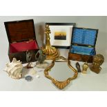 An Edwardian mahogany sewing box together with a walnut veneered example, two spelter figurines, a