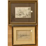 Bernard F. Finegan - Pencil sketching of sailing ships on high waters, framed and signed. 26x17cm,