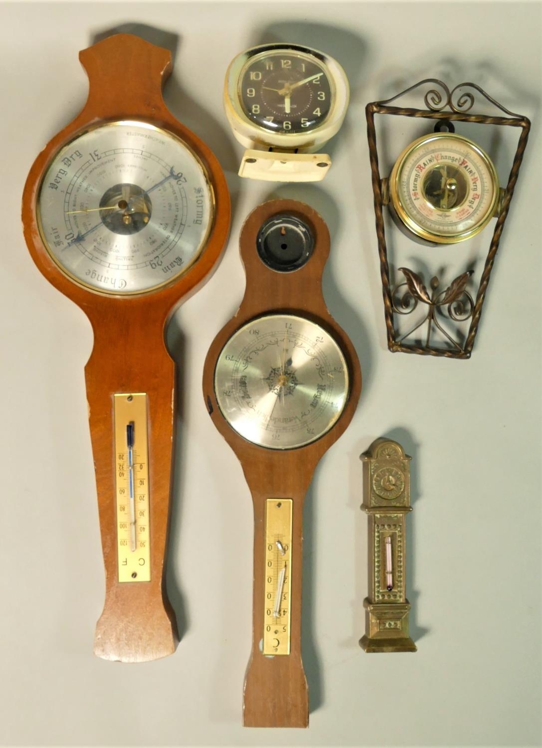 A brass cased kundo anniversary mantle clock together with a collection of barometers and carriage - Image 2 of 4