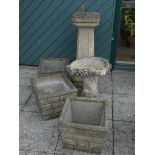 An composite sundial, on a tapered base, height 83cm, width 36cm, together with a bird bath, made of