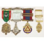 A silver gilt and enamel RAOB jewel and three Masonic jewels, 107gm