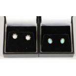 A pair of 9ct gold opal ear studs and a pair of silver, cultured pearl and marcasite ear studs,
