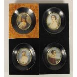 Four 19th century style miniatures on ivorine, indistinctly signed, framed, 13 x 11 cm