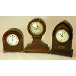 Fattorini & Sons Ltd Bradford, a mahogany and boxwood inlaid balloon shaped mantel clock, and two