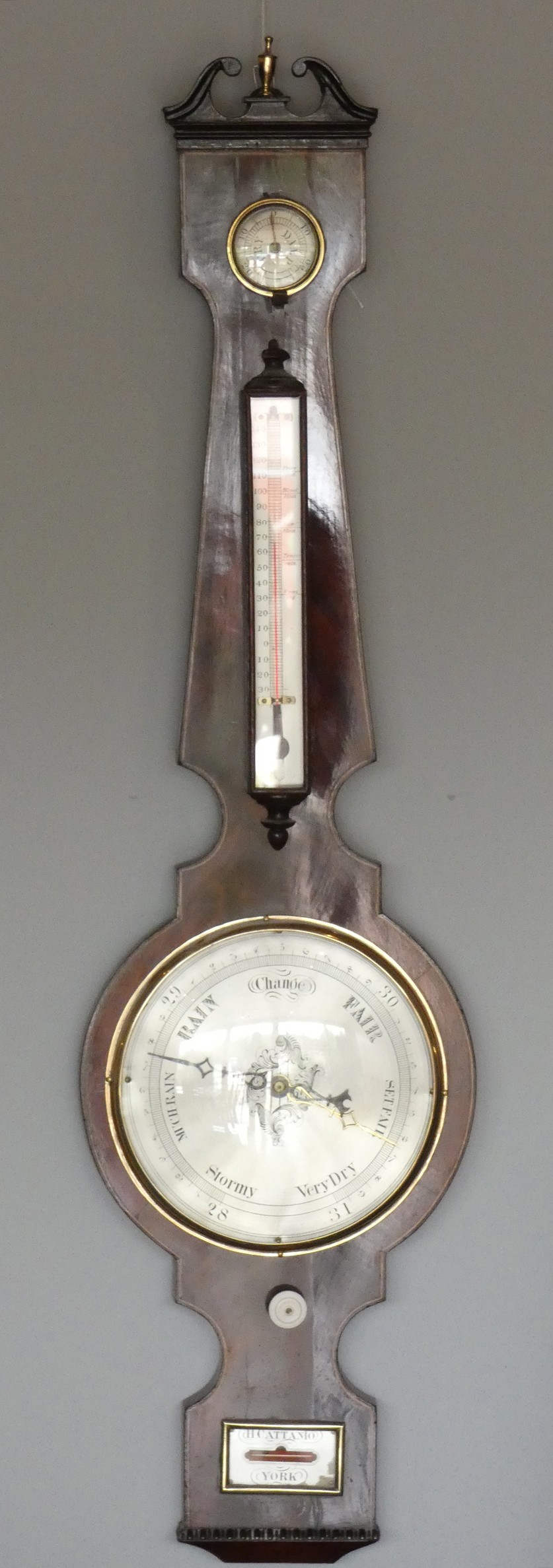 A Regency mahogany four glass wheel barometer, the level signed H. Cattaneo, York, 97cm.