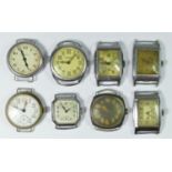 Three rectangular stainless steel manual wind wristwatches and 5 other watches, spares or repair
