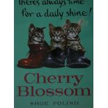 Three advertising signs 'Cherry Blossom Shoe Polish' screen printed tinplate. 68cm x 44cm.