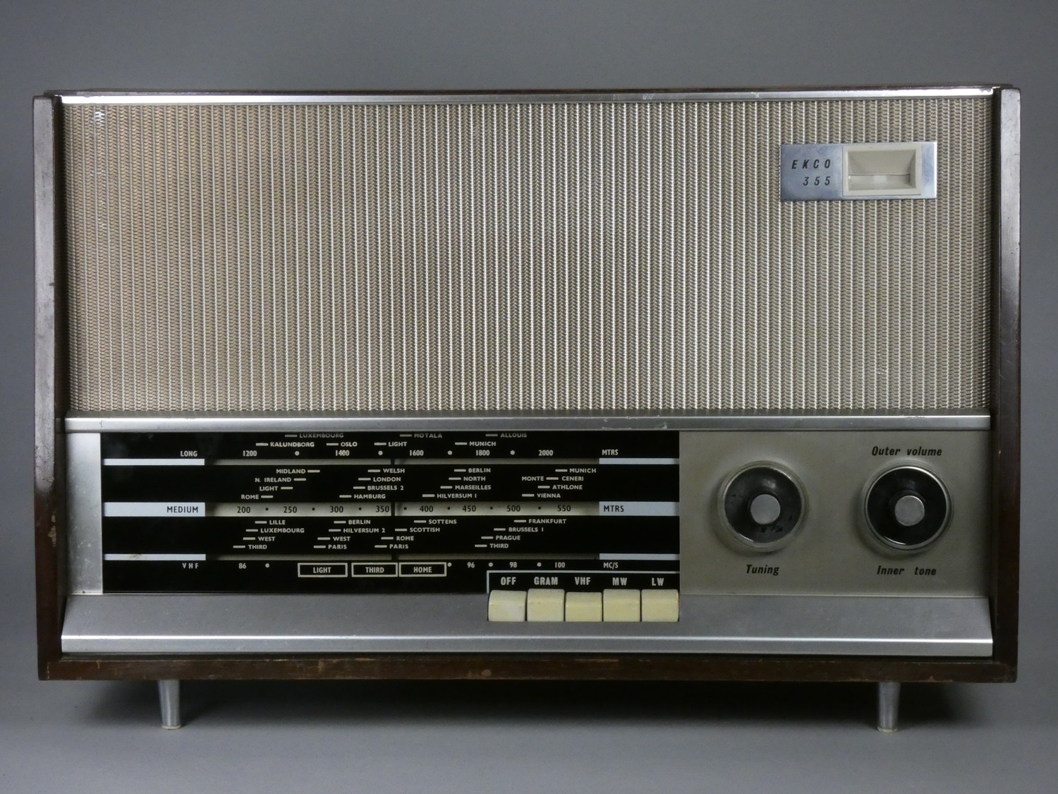 An Ekco 355 1960's valve radio. FM, MW and LW. Checked and working. Tuning indicator, aluminium
