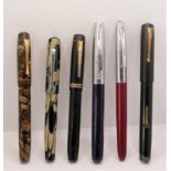 A collection of six fountain pens to include two marbled examples by Platignum, a Huntley and