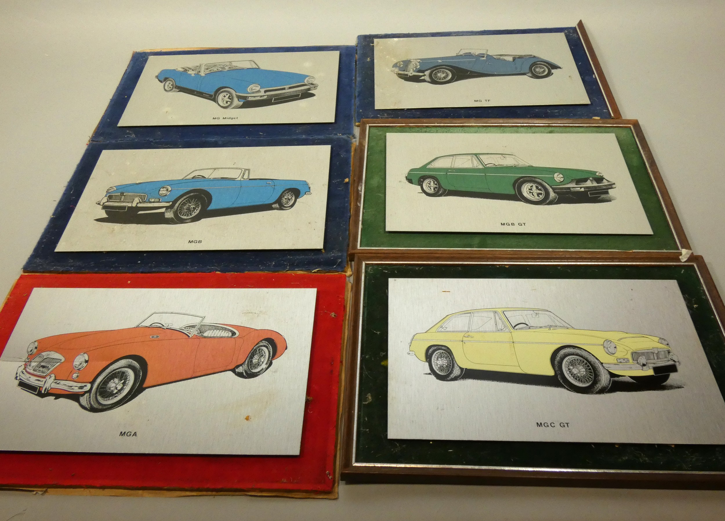 A set of ten automobile prints on polished aluminium sheets, together with a framed print