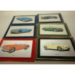 A set of ten automobile prints on polished aluminium sheets, together with a framed print
