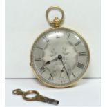 A 19th century 18K gold key wind open face pocket watch, the silvered dial with Roman numerals, 46mm