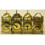 Four small brass lantern clocks, one by Smiths, with decorated dials and Roman numerals (4)