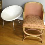 A Lloyd Loom style tub chair with matching stool, together with a mid century Sputnik basket chair