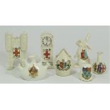 A collection of seven early 20th century crested china models to include, Micklegate Bar York, a