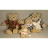 Five plush teddy bears together with, a collection of porcelain dolls to include 'The Classique