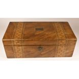 A Victorian inlaid mahogany writing slope with geometric detailing, 18 x 50 x 25 cm