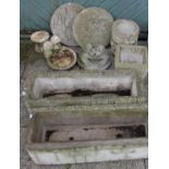 Nine garden planters and ornaments, including a frog, miniature bird bath, a pair of composite