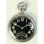 Waltham military keyless wind open face pocket watch, c.1941, black dial with subsidiary seconds