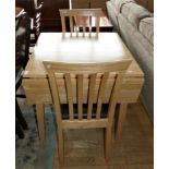 A modern drop leaf dining table with two matching dining chairs. 66cm square, 112cm extended. (3)