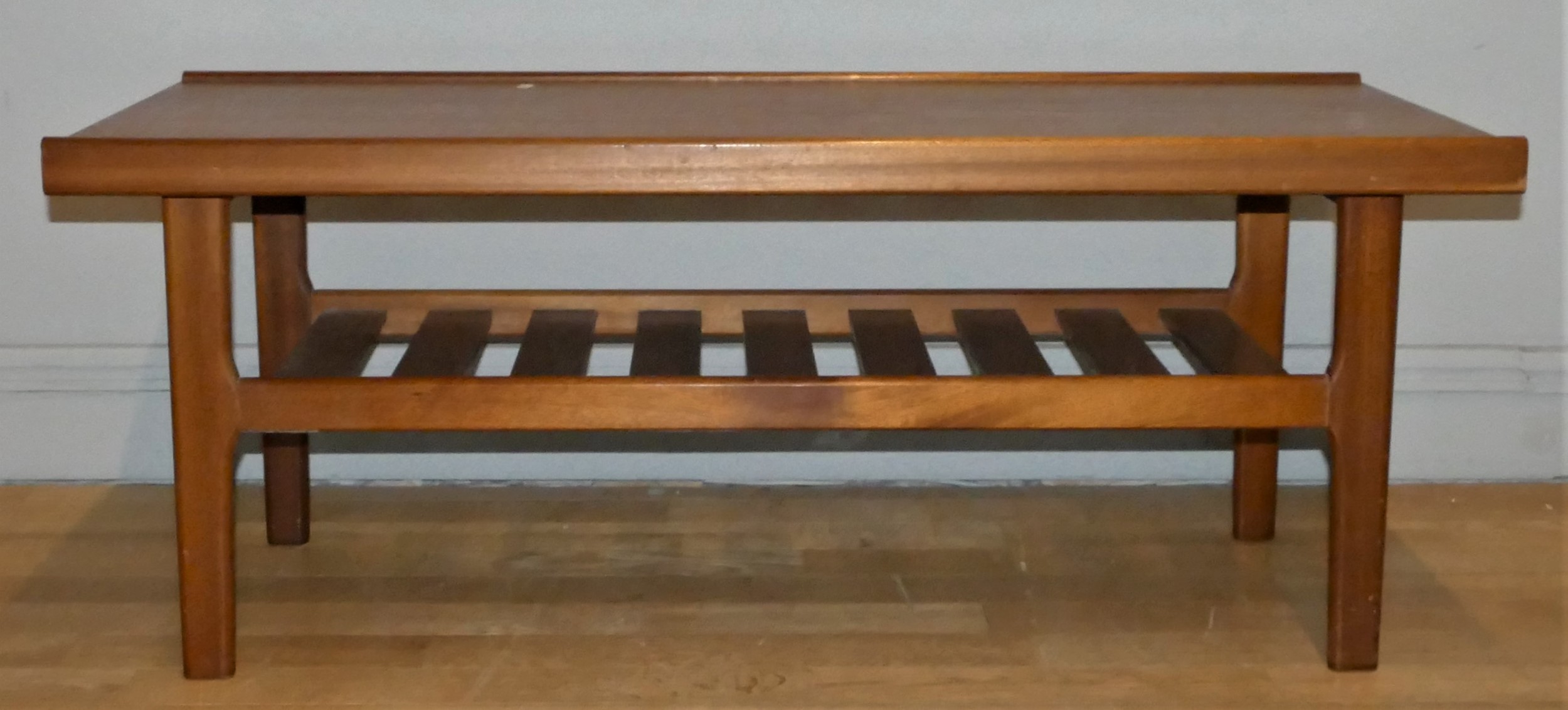 A Mid-Century solid teak coffee table, with slated under shelf, height 45cm, length 110cm - Image 2 of 2