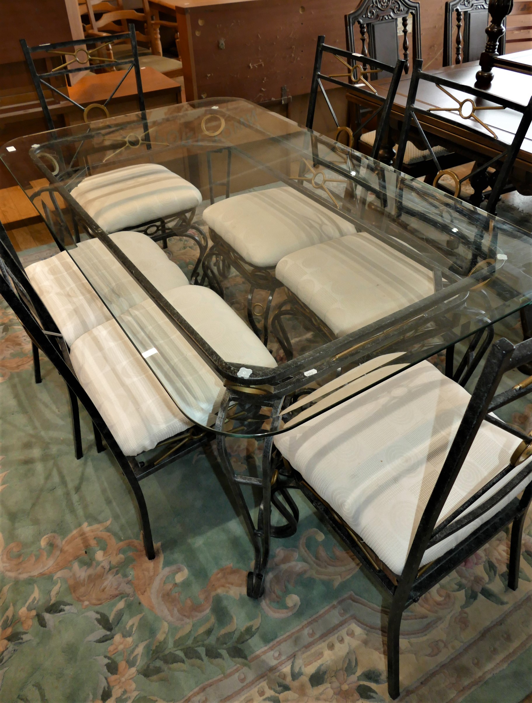 A wrought iron glass top dining table, together with a set of six matching wrought iron dining - Image 2 of 2