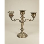 A silver two branch, 3 light candelabra, Birmingham 1979, 24cm, loaded