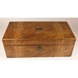 A 19th century Victorian inlaid mahogany writing slope with geometric detailing, 18 x 50 x 25 cm
