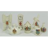 A collection of seven early 20th century crested china models to include; Micklegate Bar York, a
