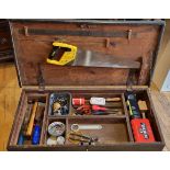 A painted pine tool chest, fitted and complete with contents, including a Black & Decker electric